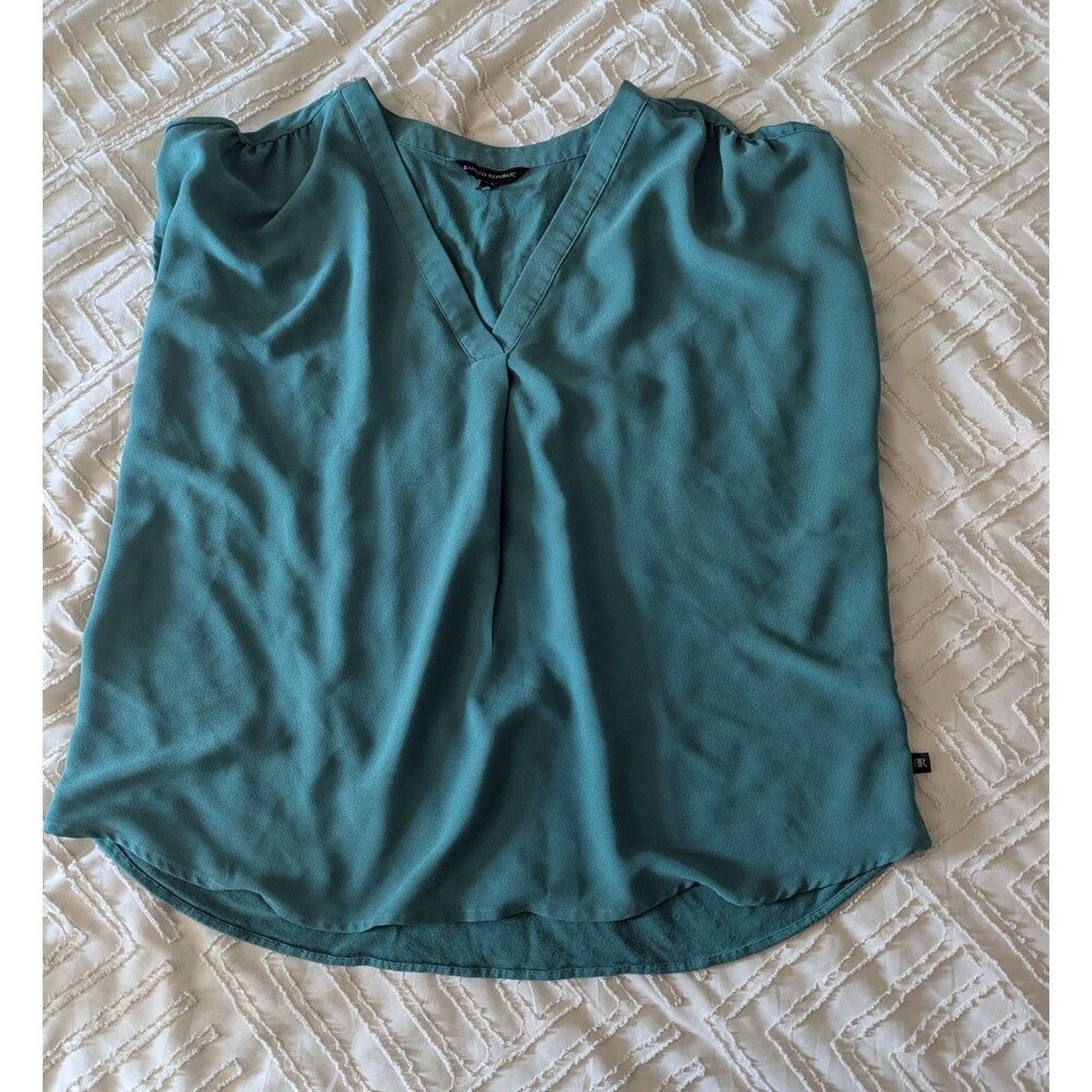 Banana Republic Top Women XL Teal Green V-Neck Mixed Media Knit Blouse Solid